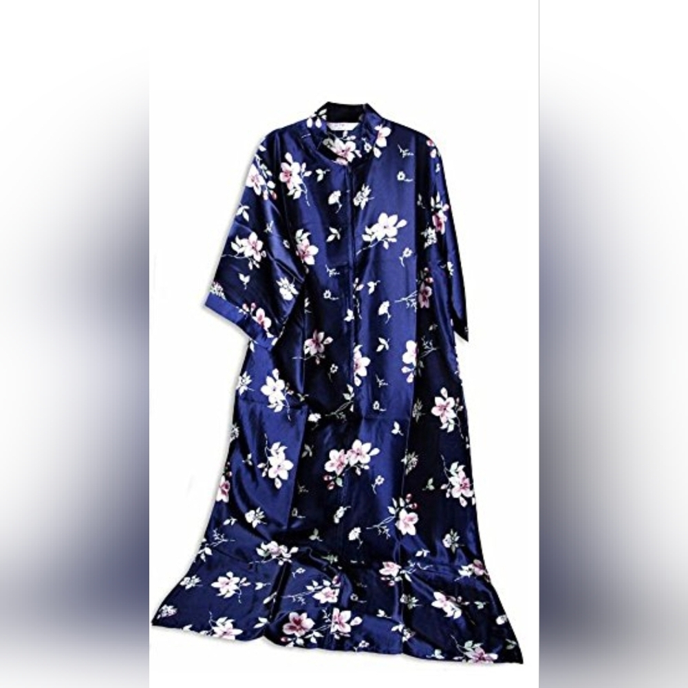 Womens Kimono Satin Dressing Floral Zip Hostess Robe Gown Retro  Housecoat Colar